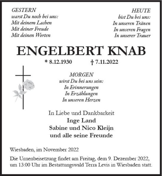 Traueranzeige von Engelbert Knab von vrm-trauer Wiesbadener Kurier
