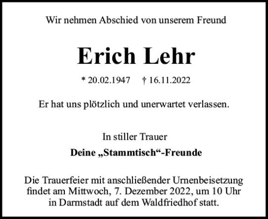 Traueranzeige von Erich Lehr von vrm-trauer Darmstädter Echo