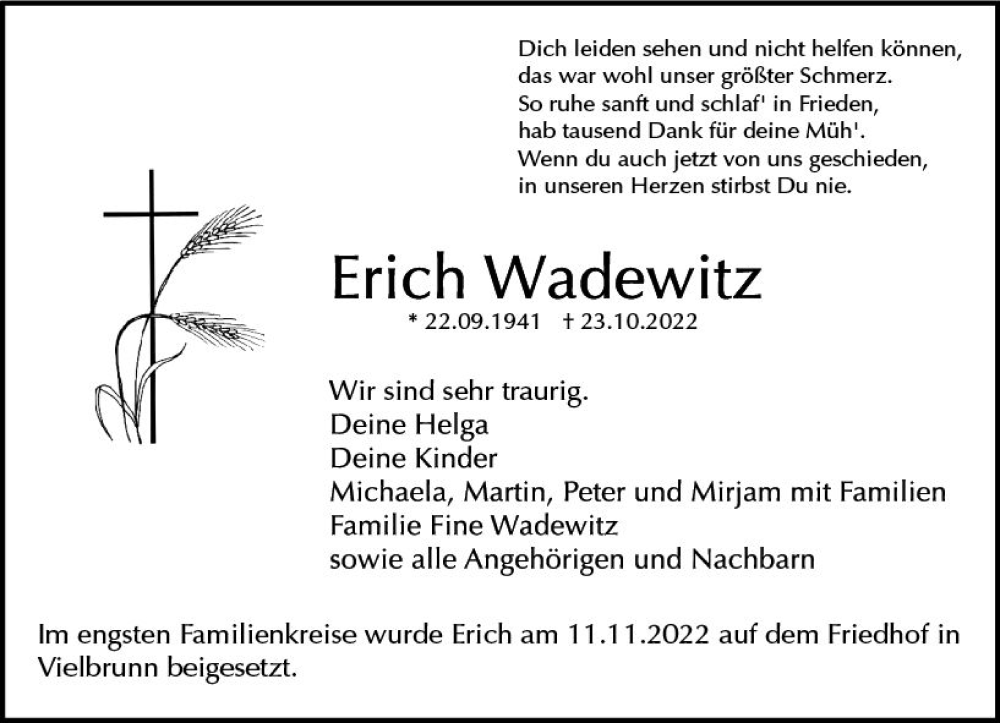  Traueranzeige für Erich Wadewitz vom 19.11.2022 aus vrm-trauer Odenwälder Echo
