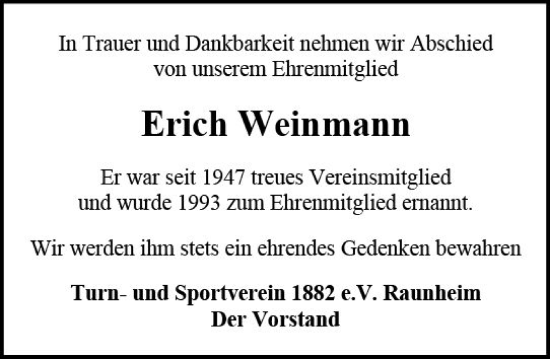 Traueranzeige von Erich Weinmann von vrm-trauer Rüsselsheimer Echo / MainSpitze