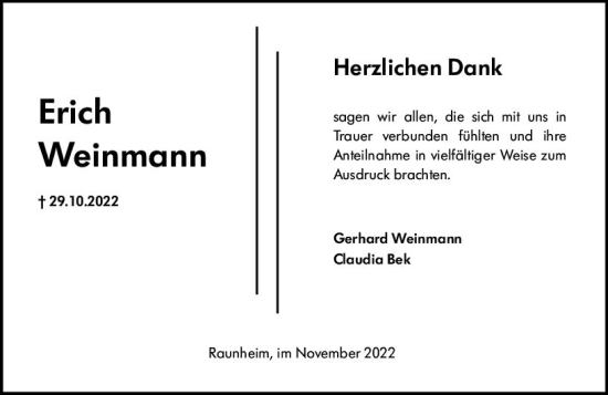 Traueranzeige von Erich Weinmann von vrm-trauer Rüsselsheimer Echo / MainSpitze