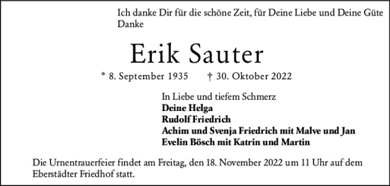 Traueranzeige von Erik Sauter von vrm-trauer Darmstädter Echo