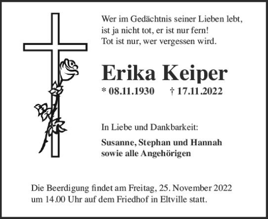 Traueranzeige von Erika Keiper von vrm-trauer Wiesbadener Kurier