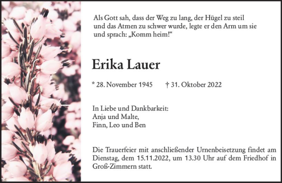 Traueranzeige von Erika Lauer von vrm-trauer DieburgerAnzeiger/Groß-Zimmerner Lokala