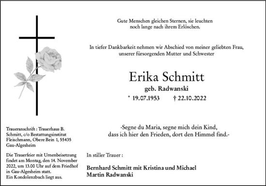 Traueranzeige von Erika Schmitt von vrm-trauer Allgemeine  Zeitung Ingelheim-Bingen