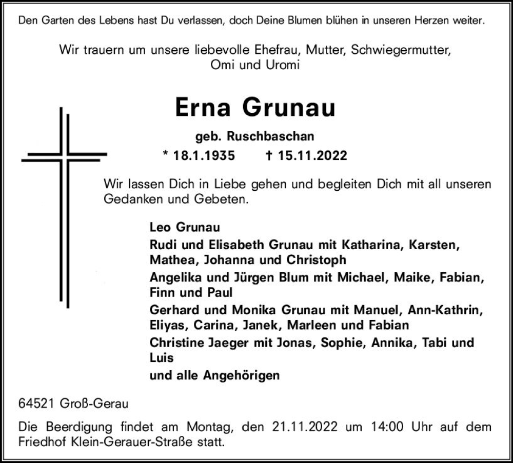  Traueranzeige für Erna Grunau vom 19.11.2022 aus vrm-trauer Groß-Gerauer Echo