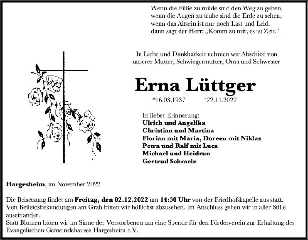  Traueranzeige für Erna Lüttger vom 29.11.2022 aus vrm-trauer Allg. Zeitung Bad Kreuznach
