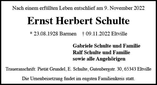 Traueranzeige von Ernst Herbert Schulte von vrm-trauer Wiesbadener Kurier