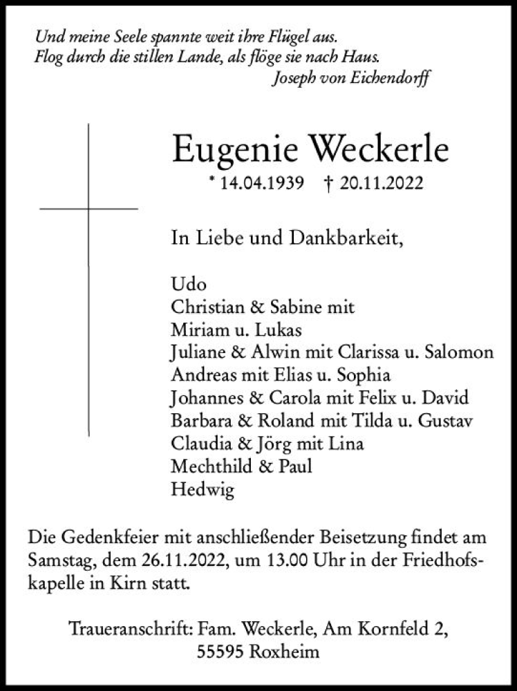  Traueranzeige für Eugenie Weckerle vom 24.11.2022 aus vrm-trauer Allg. Zeitung Bad Kreuznach