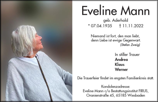 Traueranzeige von Eveline Mann von vrm-trauer Wiesbadener Kurier