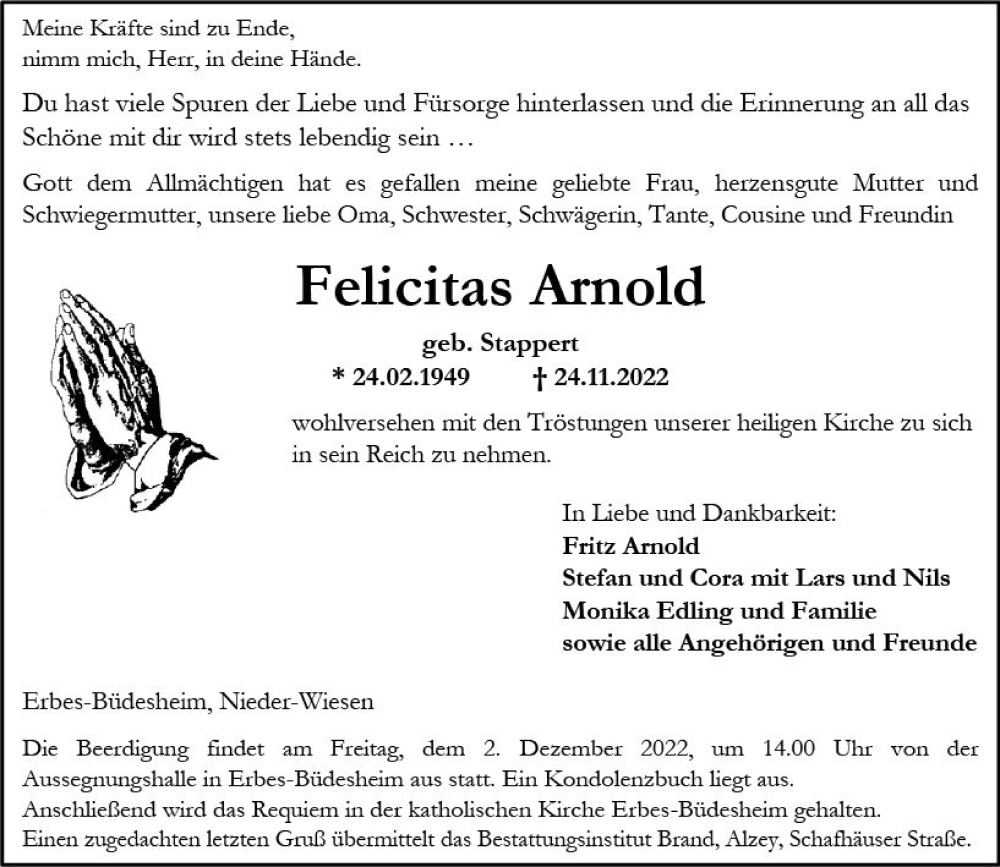  Traueranzeige für Felicitas Arnold vom 26.11.2022 aus vrm-trauer Allgemeine Zeitung Alzey