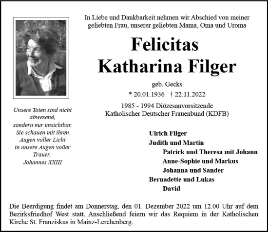 Traueranzeige von Felicitas Katharina Filger von vrm-trauer AZ Mainz