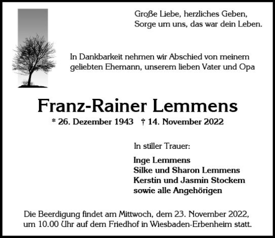 Traueranzeige von Franz-Rainer Lemmens von vrm-trauer Wiesbadener Kurier