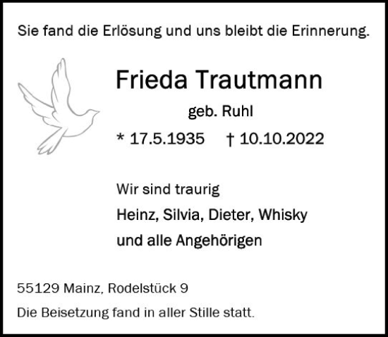 Traueranzeige von Frieda Trautmann von vrm-trauer AZ Mainz