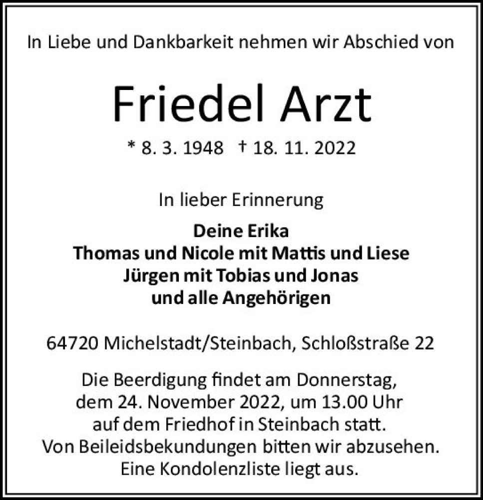  Traueranzeige für Friedel Arzt vom 23.11.2022 aus vrm-trauer Odenwälder Echo