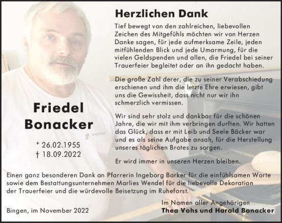 Traueranzeige von Friedel Bonacker von vrm-trauer Allgemeine  Zeitung Ingelheim-Bingen