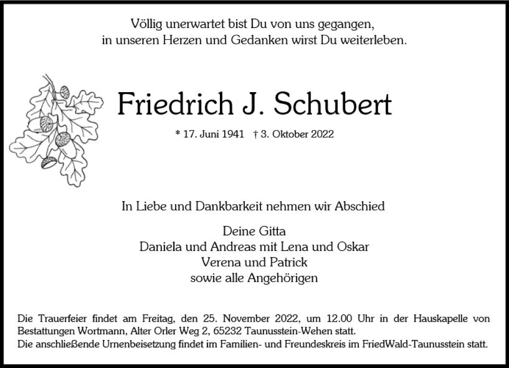  Traueranzeige für Friedrich  Schubert vom 12.11.2022 aus vrm-trauer Wiesbadener Kurier