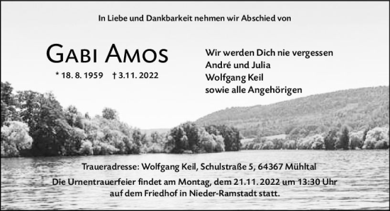 Traueranzeige von Gabi Amos von vrm-trauer Darmstädter Echo