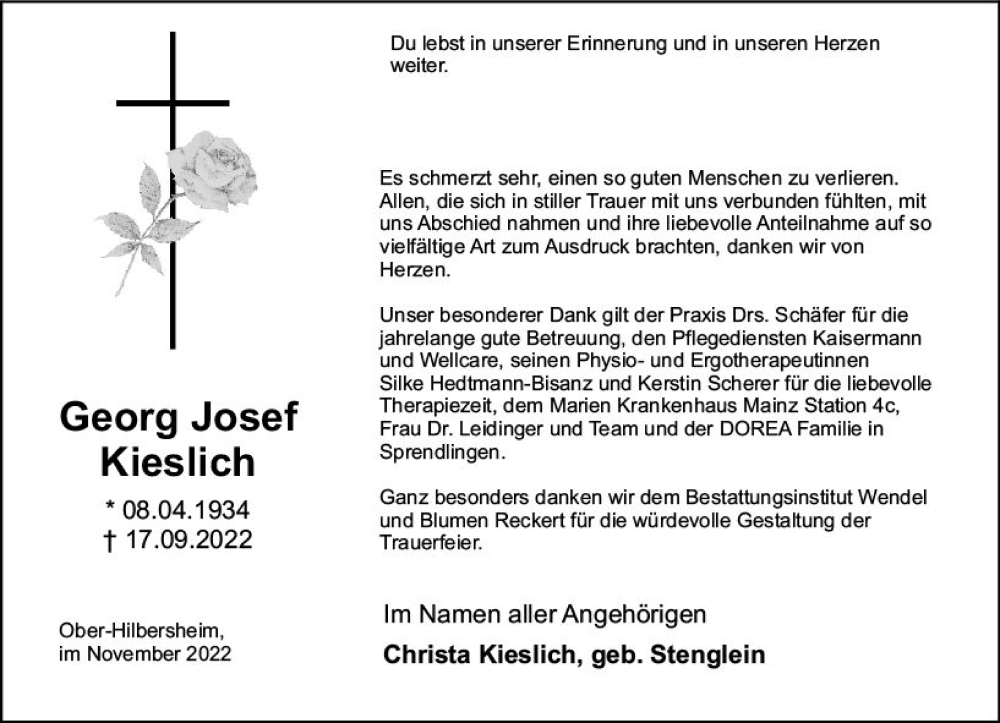 Traueranzeige für Georg Josef Kieslich vom 12.11.2022 aus vrm-trauer Allgemeine  Zeitung Ingelheim-Bingen