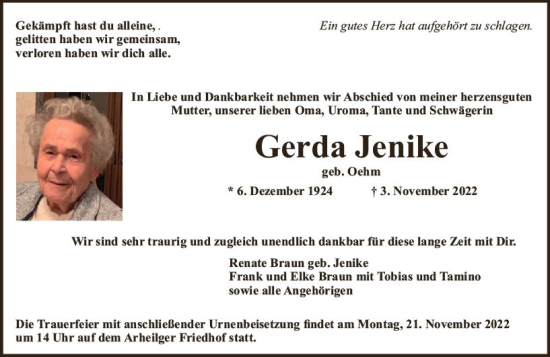 Traueranzeige von Gerda Jenike von vrm-trauer Darmstädter Echo