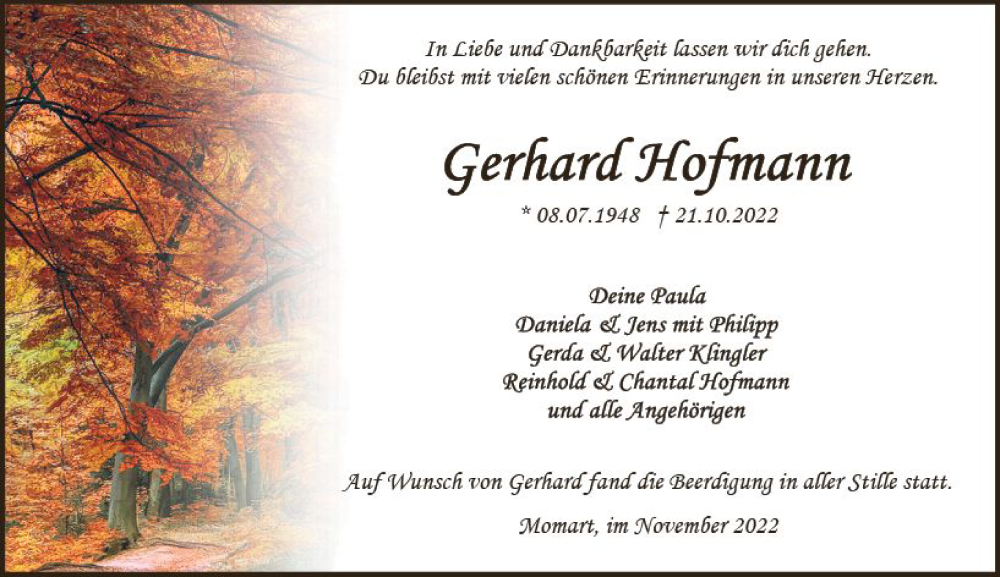  Traueranzeige für Gerhard Hofmann vom 05.11.2022 aus vrm-trauer Odenwälder Echo