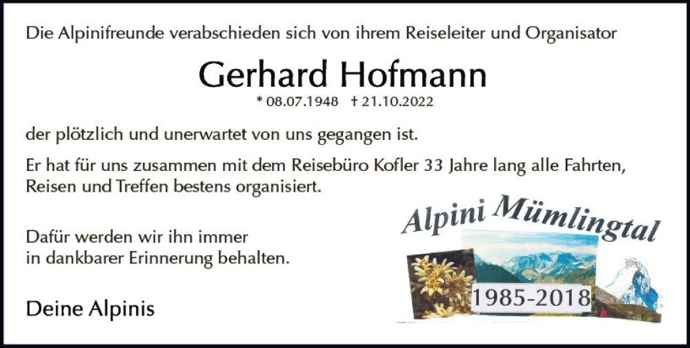  Traueranzeige für Gerhard Hofmann vom 05.11.2022 aus vrm-trauer Odenwälder Echo