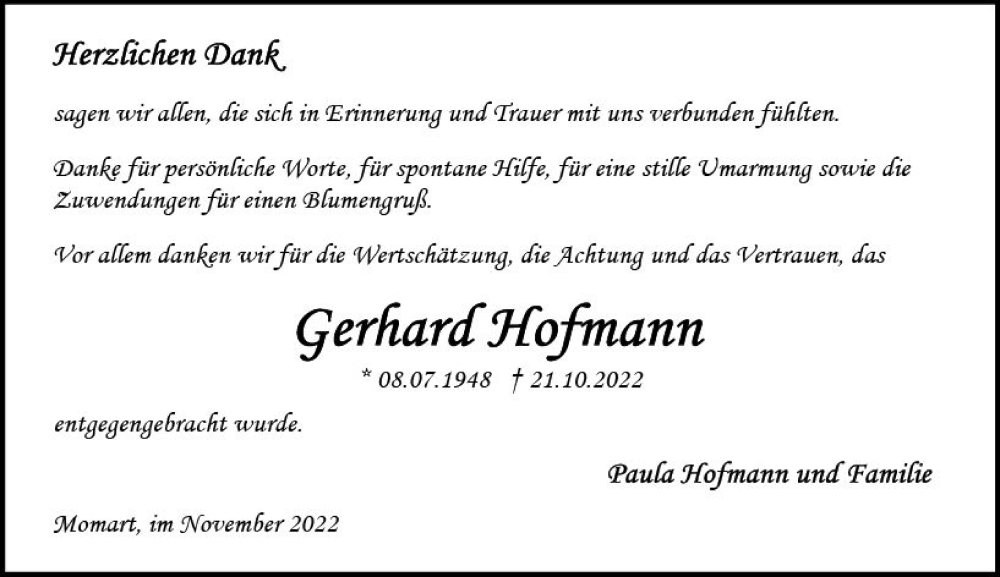  Traueranzeige für Gerhard Hofmann vom 26.11.2022 aus vrm-trauer Odenwälder Echo