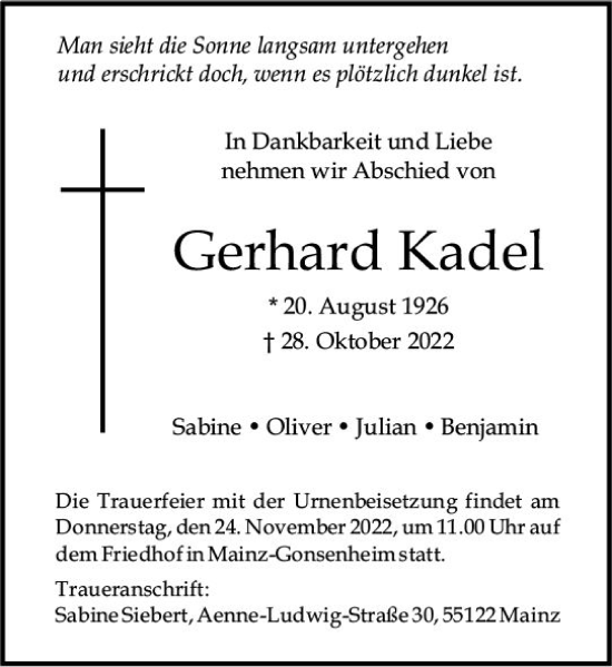 Traueranzeige von Gerhard Kadel von vrm-trauer Wiesbadener Kurier