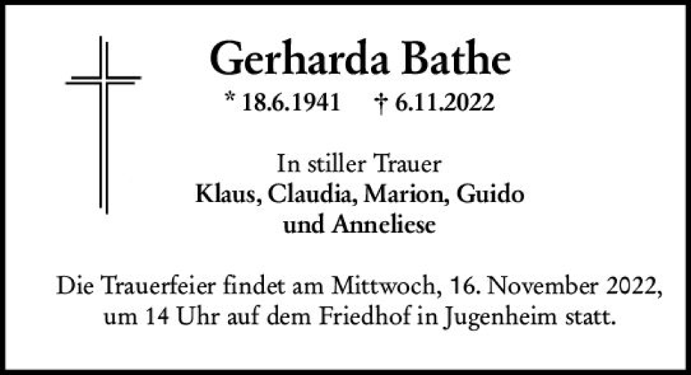  Traueranzeige für Gerharda Bathe vom 12.11.2022 aus vrm-trauer Darmstädter Echo