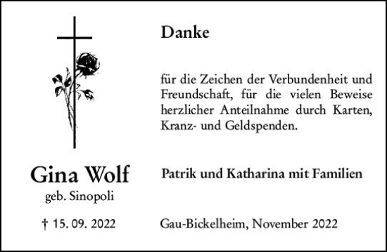 Traueranzeige von Gina Wolf von vrm-trauer Allgemeine Zeitung Alzey