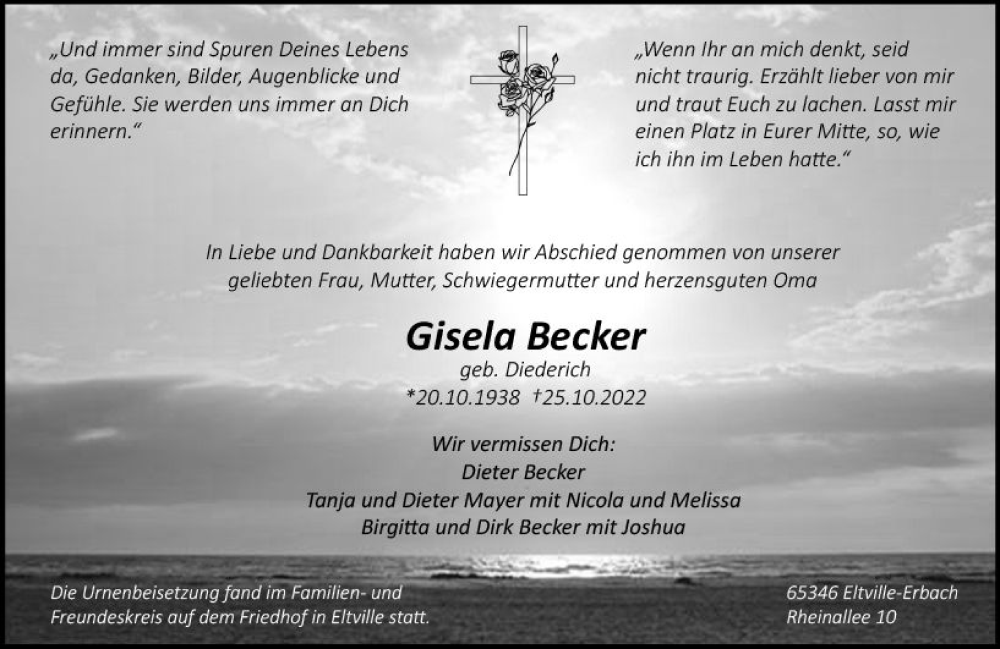  Traueranzeige für Gisela Becker vom 19.11.2022 aus vrm-trauer Rheingau
