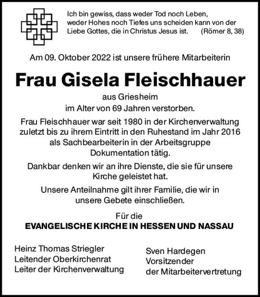  Traueranzeige für Gisela Fleischhauer vom 02.11.2022 aus vrm-trauer Darmstädter Echo