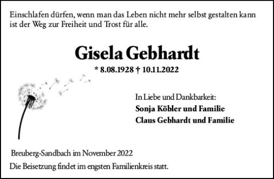 Traueranzeige von Gisela Gebhardt von vrm-trauer Odenwälder Echo