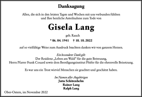 Traueranzeige von Gisela Lang von vrm-trauer Bergsträßer Anzeiger