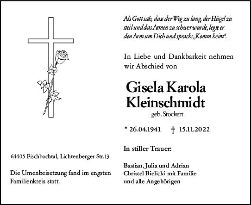  Traueranzeige für Gisela Karola Kleinschmidt vom 26.11.2022 aus vrm-trauer Darmstädter Echo