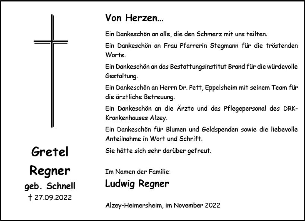  Traueranzeige für Gretel Regner vom 05.11.2022 aus vrm-trauer Allgemeine Zeitung Alzey