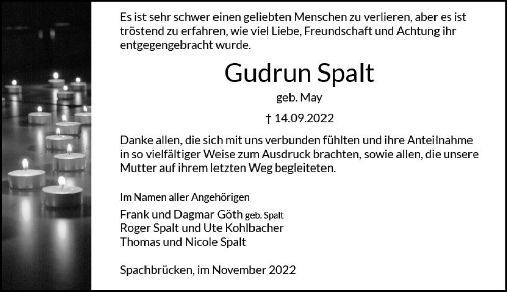  Traueranzeige für Gudrun Spalt vom 12.11.2022 aus vrm-trauer Darmstädter Echo
