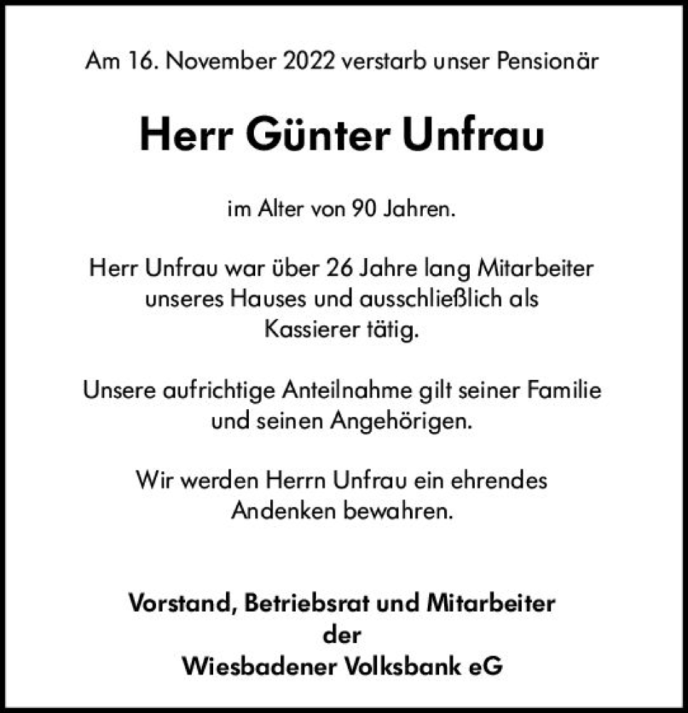  Traueranzeige für Günter Unfrau vom 26.11.2022 aus vrm-trauer Wiesbadener Kurier
