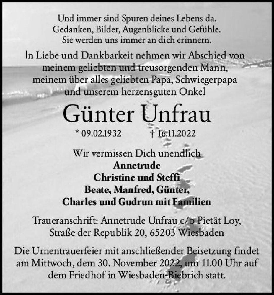  Traueranzeige für Günter Unfrau vom 26.11.2022 aus vrm-trauer Wiesbadener Kurier