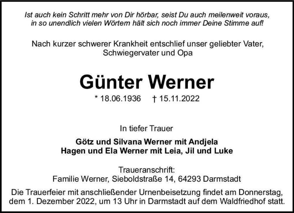 Traueranzeige für Günter Werner vom 19.11.2022 aus vrm-trauer Darmstädter Echo
