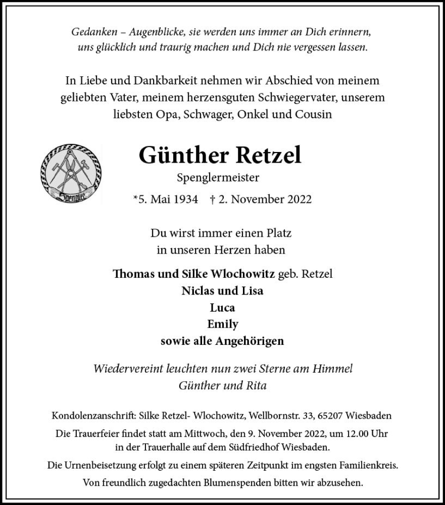  Traueranzeige für Günther Retzel vom 05.11.2022 aus vrm-trauer Wiesbadener Kurier