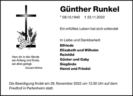 Traueranzeige von Günther Runkel von vrm-trauer Allgemeine Zeitung Alzey