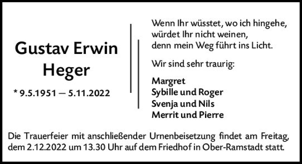  Traueranzeige für Gustav Erwin Heger vom 26.11.2022 aus vrm-trauer Darmstädter Echo