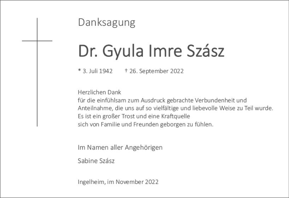  Traueranzeige für Gyula Imre Szász vom 12.11.2022 aus vrm-trauer Allgemeine  Zeitung Ingelheim-Bingen