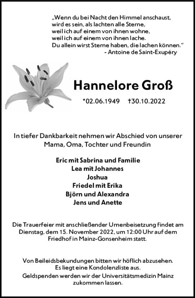  Traueranzeige für Hannelore Groß vom 05.11.2022 aus vrm-trauer AZ Mainz