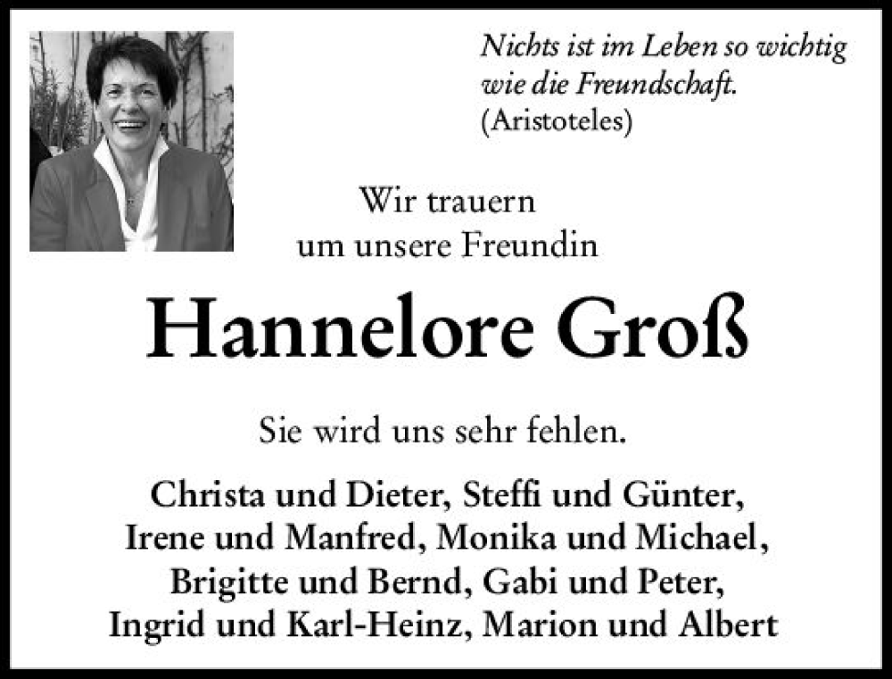  Traueranzeige für Hannelore Groß vom 05.11.2022 aus vrm-trauer AZ Mainz