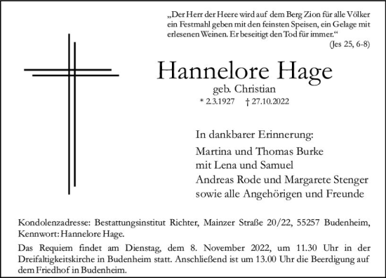 Traueranzeige von Hannelore Hage von vrm-trauer AZ Mainz