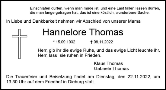 Traueranzeige von Hannelore Thomas von vrm-trauer DieburgerAnzeiger/Groß-Zimmerner Lokala