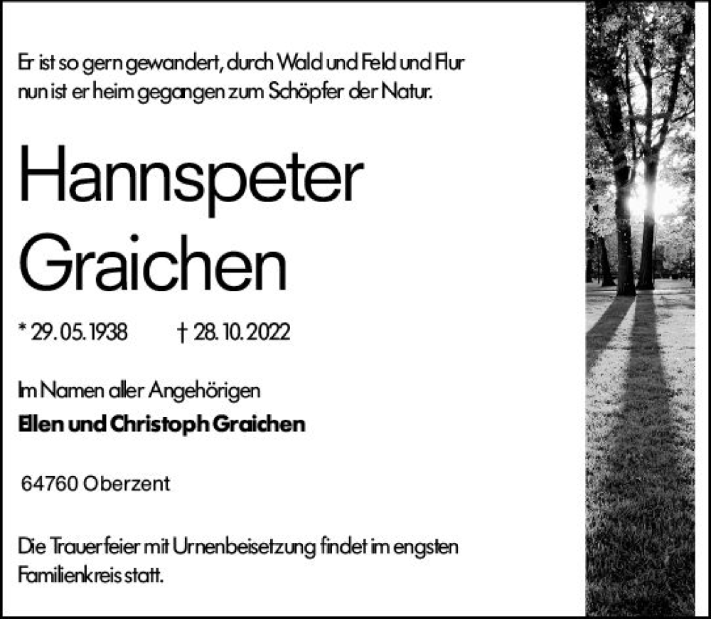  Traueranzeige für Hannspeter Graichen vom 08.11.2022 aus vrm-trauer Odenwälder Echo