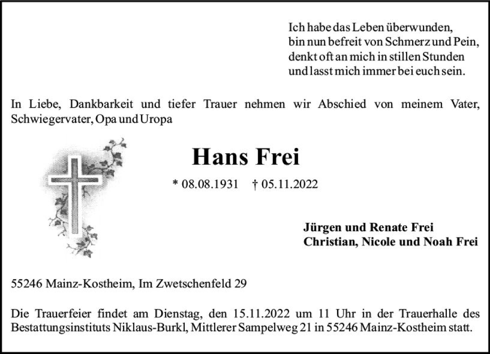  Traueranzeige für Hans Frei vom 12.11.2022 aus vrm-trauer AZ Mainz
